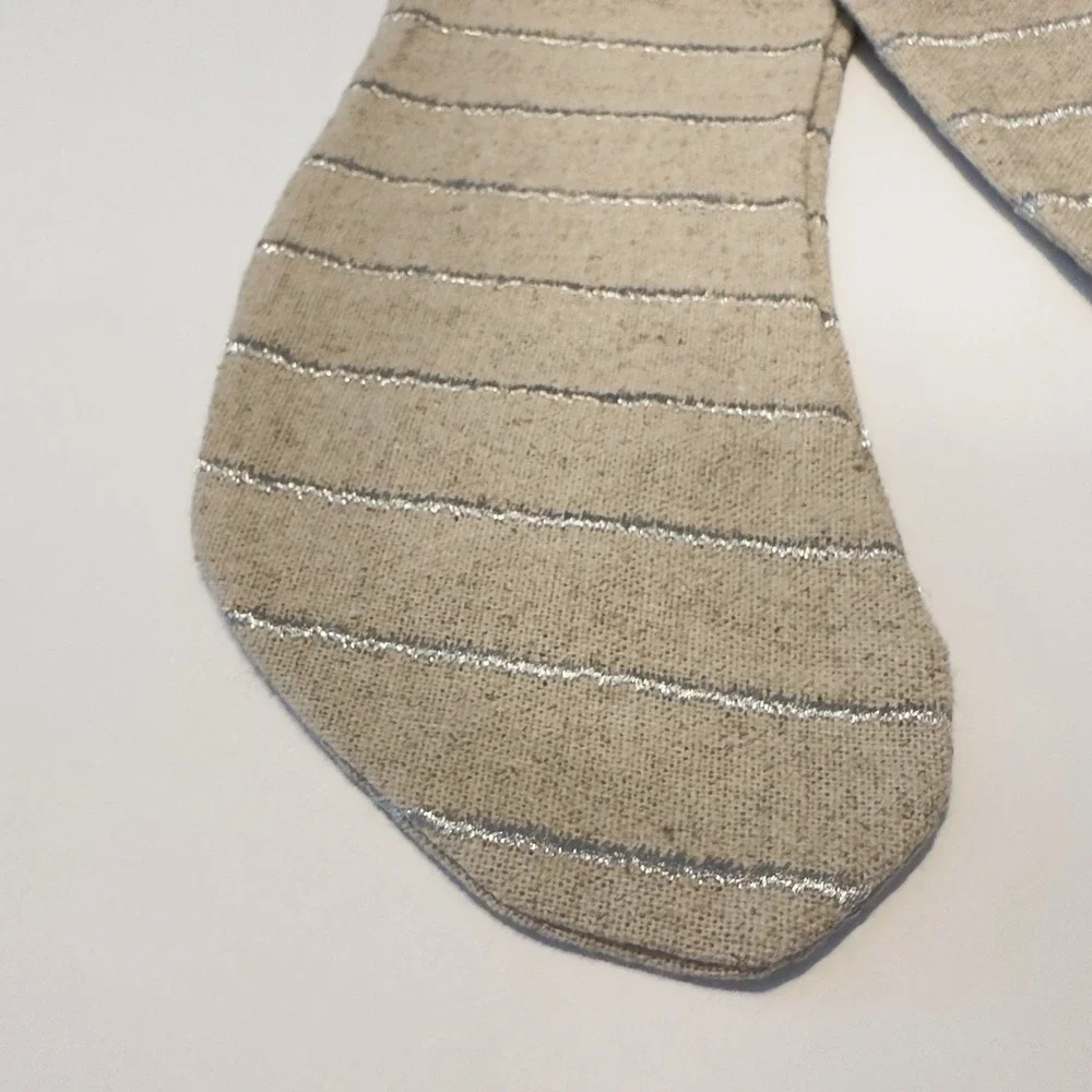 Set Of 2 Christmas‎ Stockings Tan Burlap? With Silver Embroidered Stripes